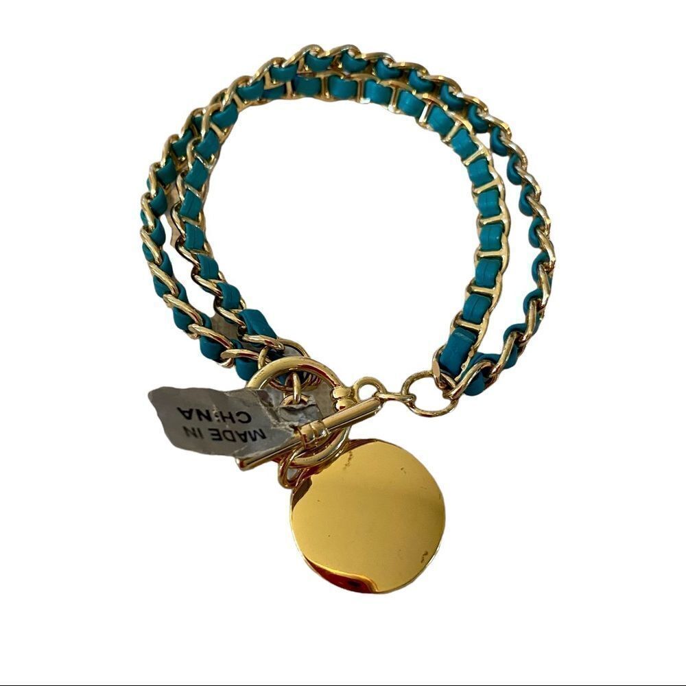 Teal Green & Gold Double Chain Bracelet w/ decorative toggle clasp.